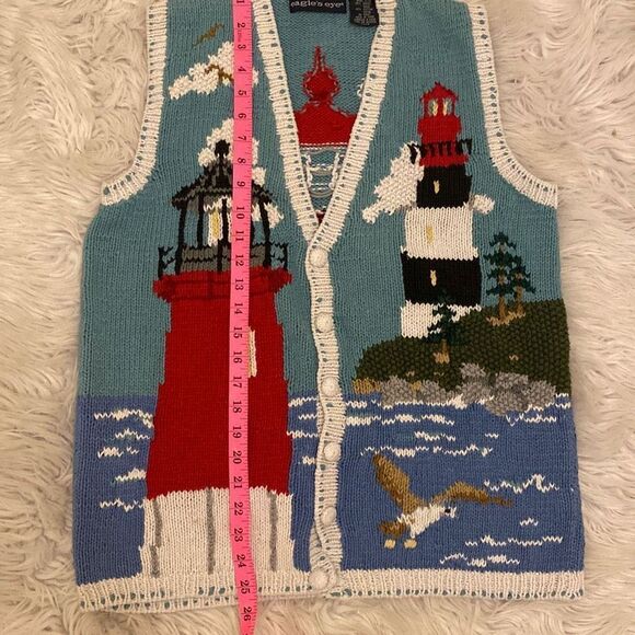 Eagle's Eye Vintage Lighthouse Coastal Themed Cardigan Sweater Vest Womens Sz L - Picture 16 of 16